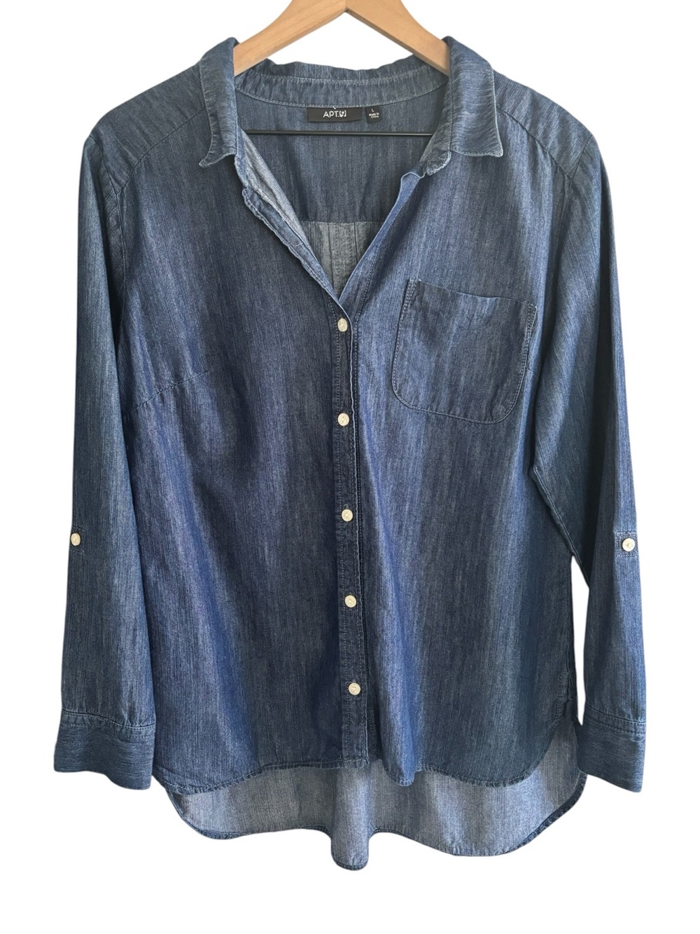 Apt. 9 Chambray Button Up Shirt Large Roll Tab Long Sleeve Cotton Blend